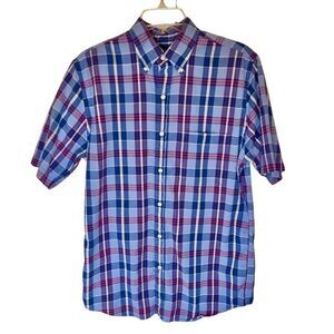 Lands End Traditional Fit Red Blue Plaid Short Sleeve Button Up Shirt Sz Small